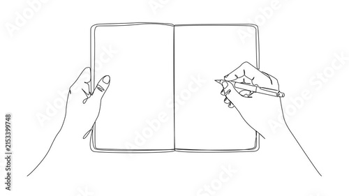 animated continuous line drawing of hands holding an open blank notebook and writing with a pen, journaling, education, planning or writing, line art animation