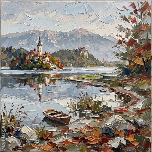 Oil painting of a serene lake with autumn foliage and an island church