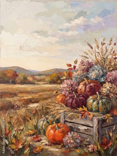 Pumpkins and wheat in a wooden crate displayed in an autumn field landscape