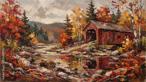 Red covered bridge crossing tranquil river in vibrant autumn landscape