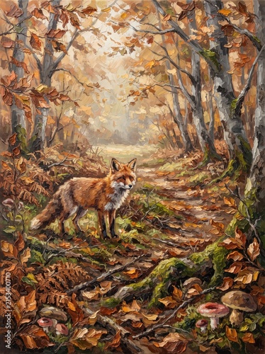 Red fox pausing in misty autumn forest with fallen leaves and mushrooms