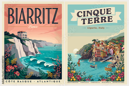 Vintage travel posters showcase coastal French and Italian towns. Biarritz features cliffs, waves, and a white seaside villa. Cinque Terre displays colorful villages nestled into hills