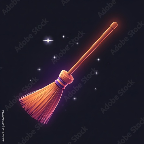 Neon Witch Broom Halloween Icon with Glowing Magical Light