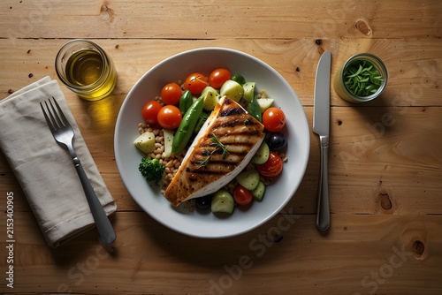 A plate of grilled salmon served with a colorful fresh salad containing cherry tomatoes, cucumber, broccoli, and other vegetables. The meal is arranged on a wooden table with a fork, knife, and small 