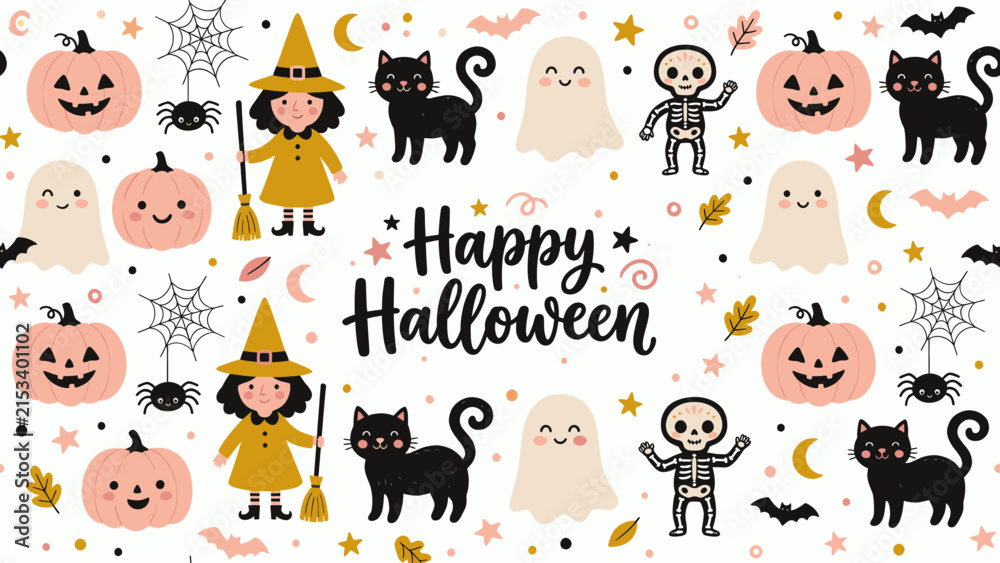 Obraz premium Happy halloween cartoon characters celebrating with jack o lanterns and costumes