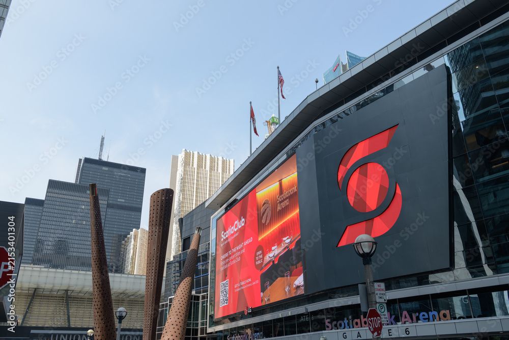 Fototapeta premium exterior building facade and digital billboard (for ScotiaClub) outside MLSE's Scotiabank Arena (Maple Leaf Square entrance), Toronto