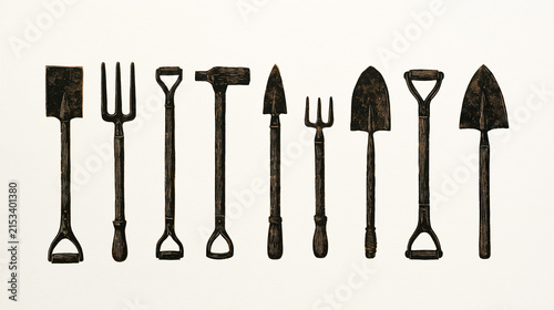 A linocut print of an excavation site tool kit sits against a sterile white surface, rough carved texture revealing layered soil strata marks and handmade imperfection that evokes