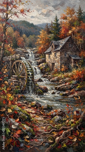 Watermill beside woodland waterfall in autumn landscape setting, picturesque scene