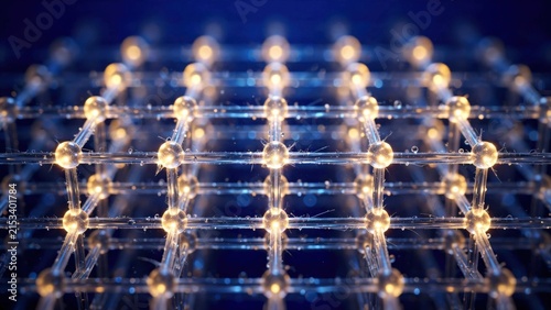 Abstract glowing molecular structure with golden spheres and blue background.
