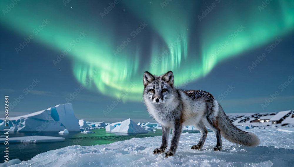 Fototapeta premium Arctic fox on iceberg under northern lights