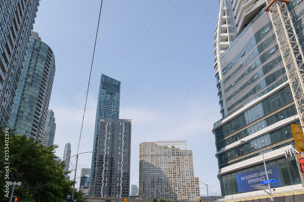 Fototapeta premium looking north on Yonge St from about Harbour St with (at right) SkyTower by Pinnacle International and condominium complexes, Toronto