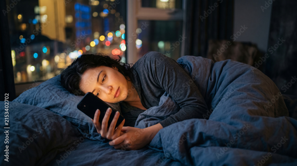 Fototapeta premium Woman in bed at night looking at her smartphone with city lights in the background