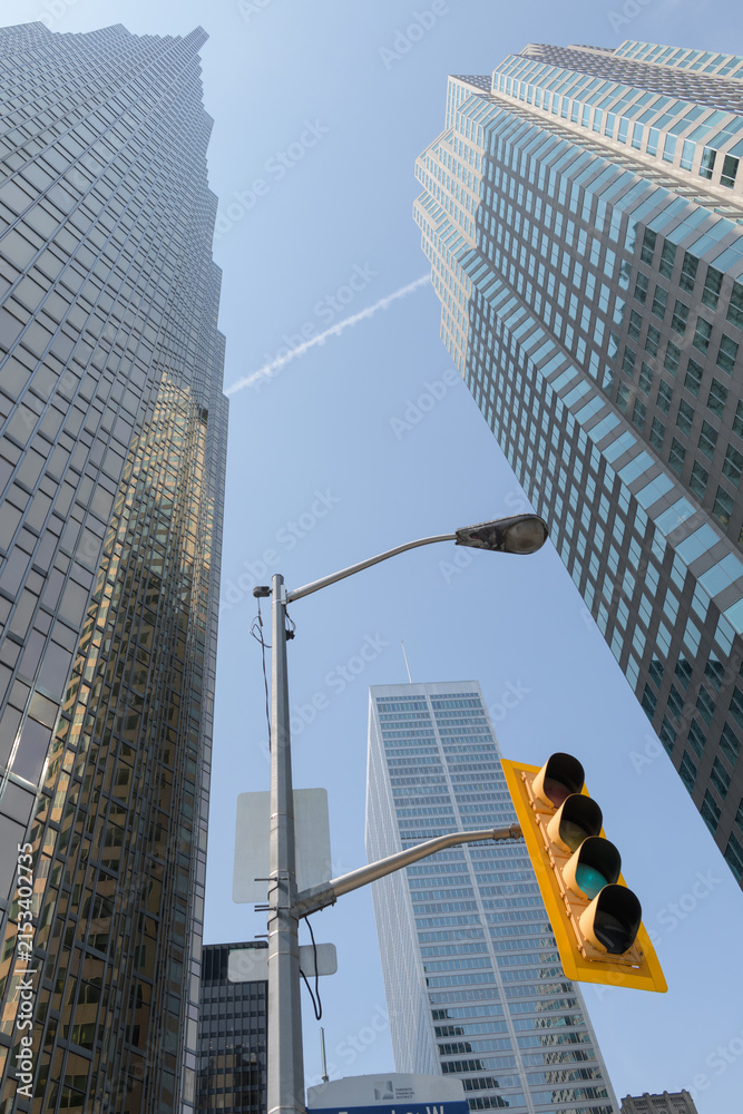 Fototapeta premium office buildings at the corner of Bay St and Front St W, incl Royal Bank Plaza, South tower, Brookfield Place/TD Place, and Commerce Court West, Toronto