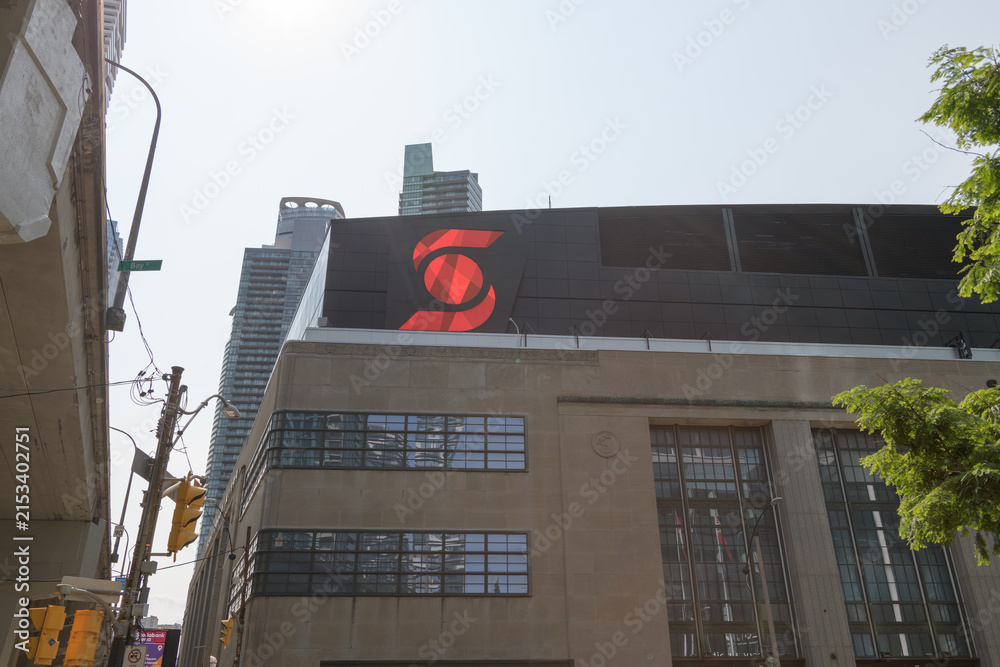Fototapeta premium facade of the old Canada Post Delivery Building with Scotiabank corporate logo outside Scotiabank Arena at 40 Bay St, Toronto