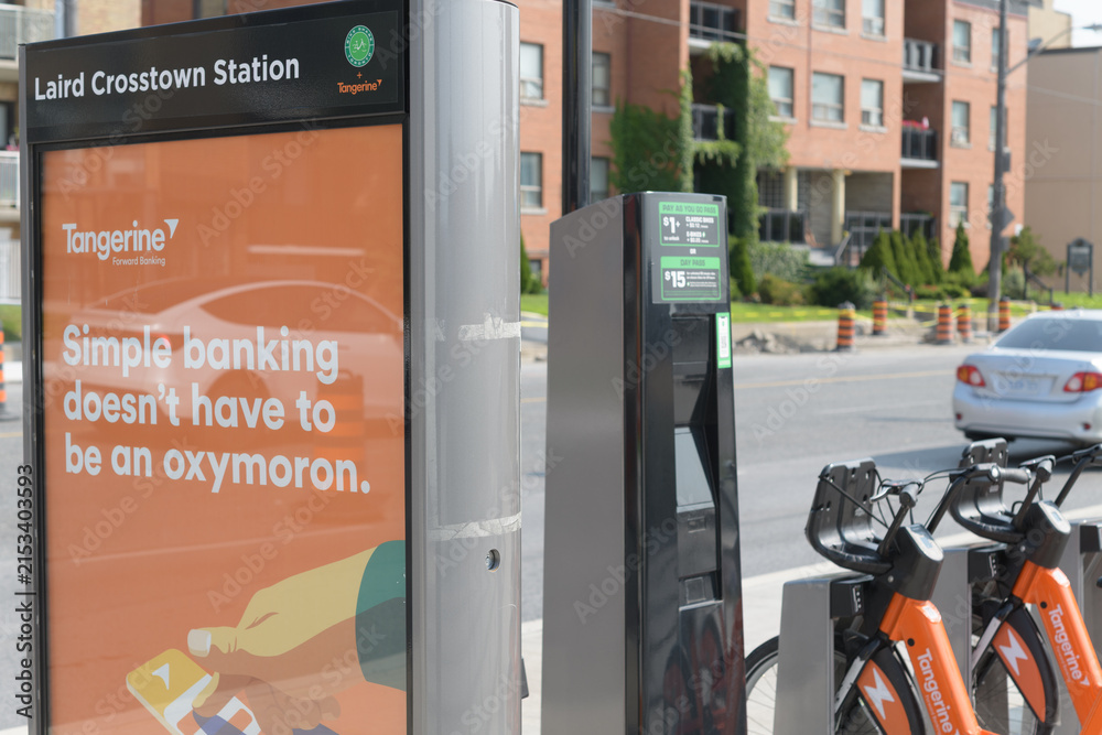 Fototapeta premium Bike Share Toronto docking station at Laird Crosstown Station