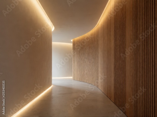 Modern curved interior hallway with wood paneling and soft ambient lighting. Use: interior design showcase, architectural visualization, spa brochure.