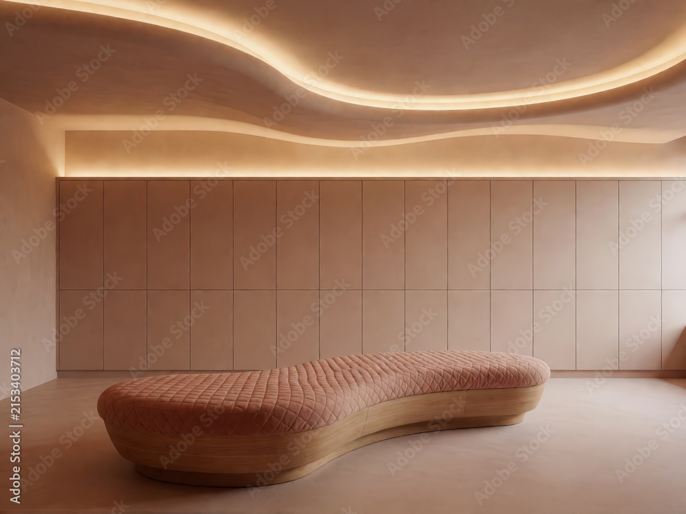 Obraz premium Retro organic shaped bench with soft lighting in a minimalist room. Use: interior design magazine, hotel lobby, spa advertisement.