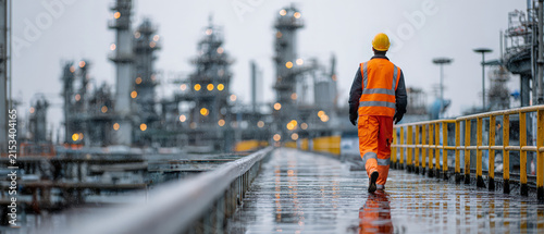 Rear view of industrial worker in orange safety jacket and helmet walking through refinery plant in rainy conditions. Concept of oil industry, maintenance, safety, engineering and industrial workforce