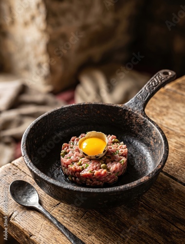 Beef tartare with quail egg yolk served in cast iron pan