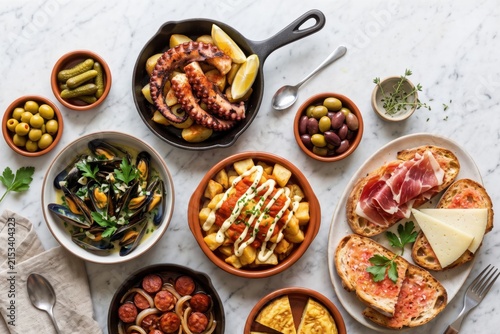 Spanish tapas spread with octopus mussels potatoes and cured ham