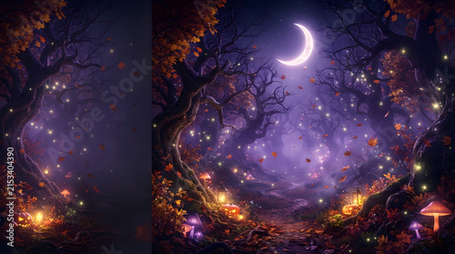 Enchanting autumn forest scene with a crescent moon and glowing mushrooms under a starry night sky
