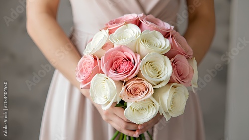 bride holding bouquet of roses