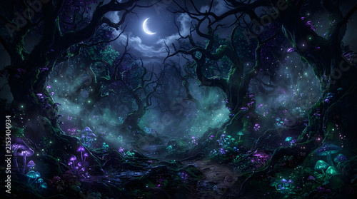 A captivating nighttime forest landscape features a delicate crescent moon shining through dark tree branches and illuminated magical plants on the forest