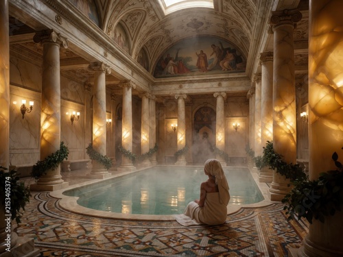 Woman in towel by pool in ornate classical spa interior with mural and columns. Use: spa advertisement, wellness blog, interior design.