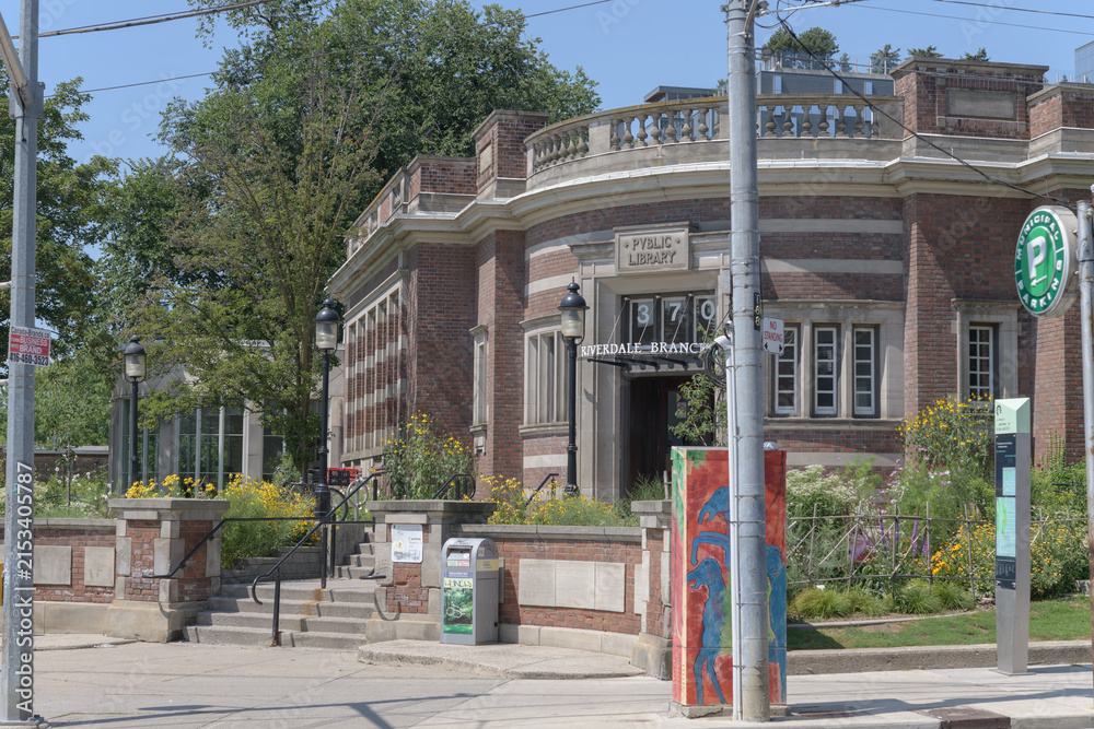 Fototapeta premium exterior facade and entrance to Toronto Public Library - Riverdale Branch located at 370 Broadview Av