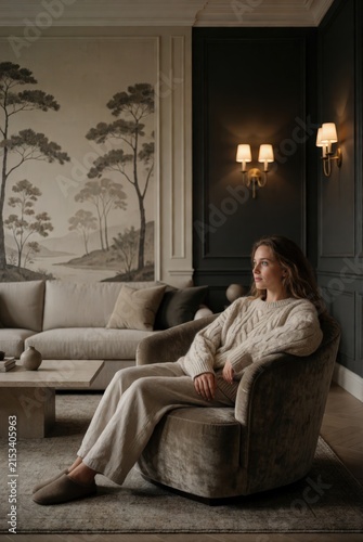 Woman in cozy sweater and pants relaxing in armchair by scenic mural and couch. Use: home decor magazine, interior design blog, lifestyle advertise...