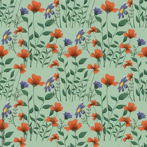 Botanical Meadow Floral — Repeat 01-3
Hand-drawn botanical meadow floral seamless pattern featuring orange wildflowers, lavender daisies, green foliage and delicate botanical stems on a soft sage gree