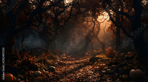 A magical autumn forest path is beautifully covered with vibrant pumpkins and colorful fallen leaves beneath a warm and inviting light canopy