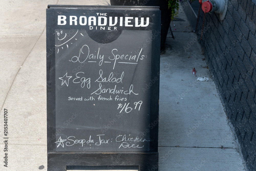 Fototapeta premium street chalkboard sidewalk sign at The Broadview Diner located at 757 Broadview Av, Toronto