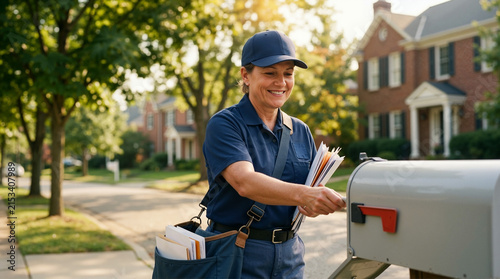 Smiling female postal worker delivering letters to a suburban mailbox. Mail carrier in blue uniform with mailbag on a sunny street