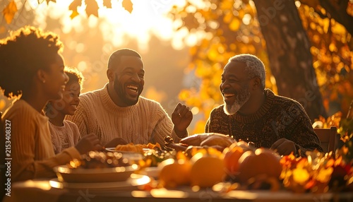 Multi-generational African American family enjoying a Thanksgiving dinner outdoors in autumn.