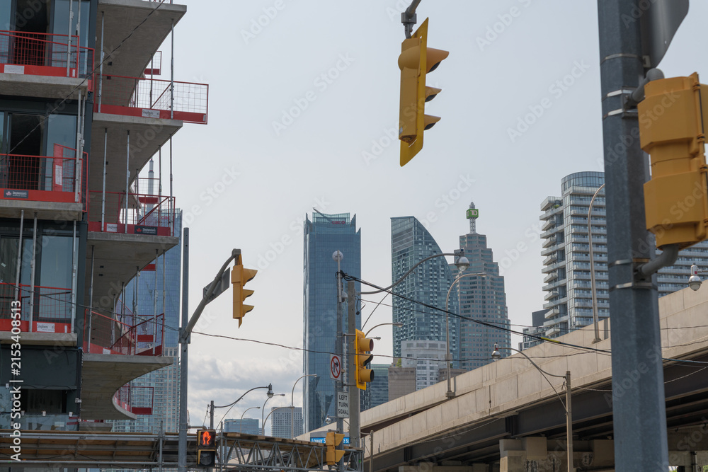 Fototapeta premium looking northwest from Lower Sherbourne to buildings (Pinnacle Lakeside, CIBC Square, L-Tower, TD Canada Trust Tower) and road infrastructure at Lake Shore Blvd E, Toronto