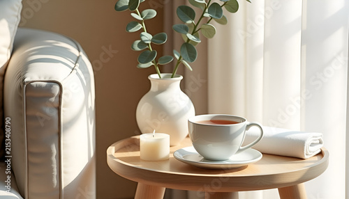 Calm home wellness scene with herbal tea, linen, candle, eucalyptus and light oak. Perfect for self-care, relaxation, lifestyle and premium home concepts