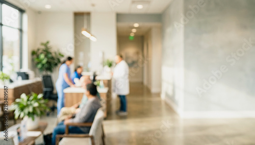 A blurred scene of a modern healthcare reception area with patients seated and staff interacting at the front desk, creating a welcoming atmosphere.