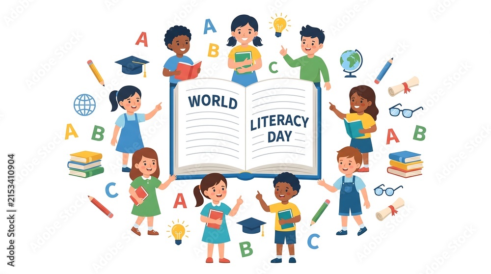 Fototapeta premium Children standing around a poster frame holding letters for World Literacy Day