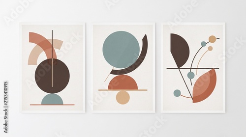 Fotografía Minimalist geometric wall art set, mid-century modern abstract posters, triptych