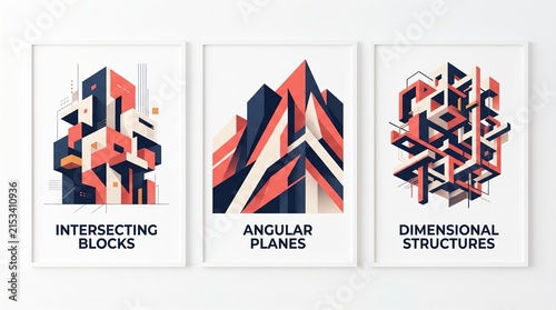 Фотография Geometric abstract poster set, intersecting blocks and angular planes, dimension