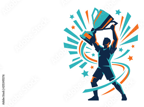 Champion holding trophy with abstract celebratory background
