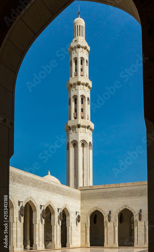 MUSCAT, OMAN – The Sultan Qaboos Grand Mosque stands in gleaming white marble in Muscat, its soaring minaret representing one of the most magnificent mosques in the Arabian Gulf.