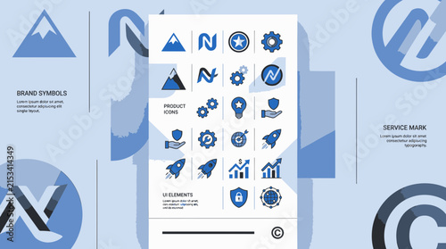 Brand identity icon sheet with mountain and rocket symbols.
