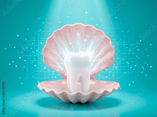 Molar tooth resting inside a pearl seashell, dental care and oral hygiene concept for healthcare advertising