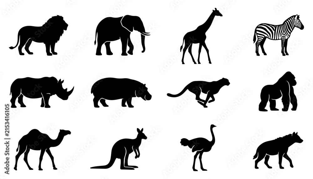 Fototapeta premium Wild Animal Silhouette Vector Set: Lion, Elephant, Giraffe, Striped Zebra, Rhino, Hippo, Cheetah, Gorilla, Camel, Kangaroo, Ostrich, and Hyena Icons for Safari, Travel, and Nature Design