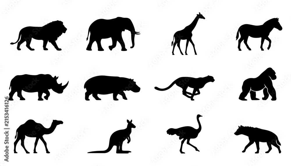Obraz premium Wild Animal Silhouette Vector Set: Lion, Elephant, Giraffe, Zebra, Rhino, Hippo, Cheetah, Gorilla, Camel, Kangaroo, Ostrich, and Hyena Icons for Safari Travel and Wildlife Design