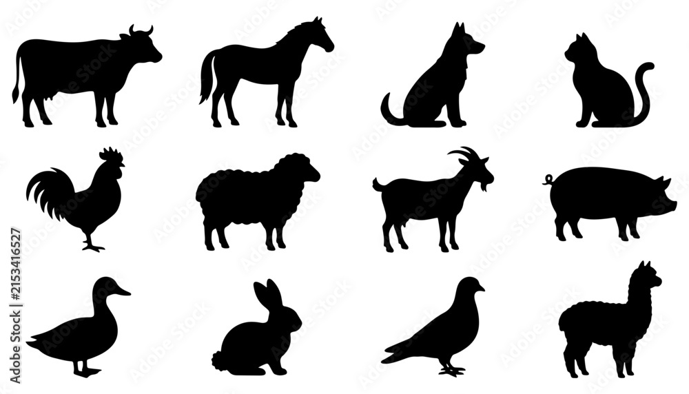 Naklejka premium Farm Animals and Domestic Pets Vector Silhouettes Set Featuring Cow Horse Dog Cat Rooster Sheep Goat Pig Duck Rabbit Pigeon Alpaca Isolated on White Background