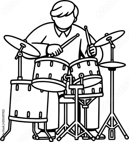 Photography Musician Playing Drum Set, Line Art Illustration