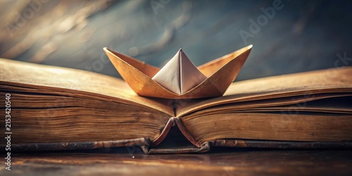 A paper boat rests gently upon the aged pages of an antique book, a symbol of voyages into literary worlds and the timeless adventures found within the written word.